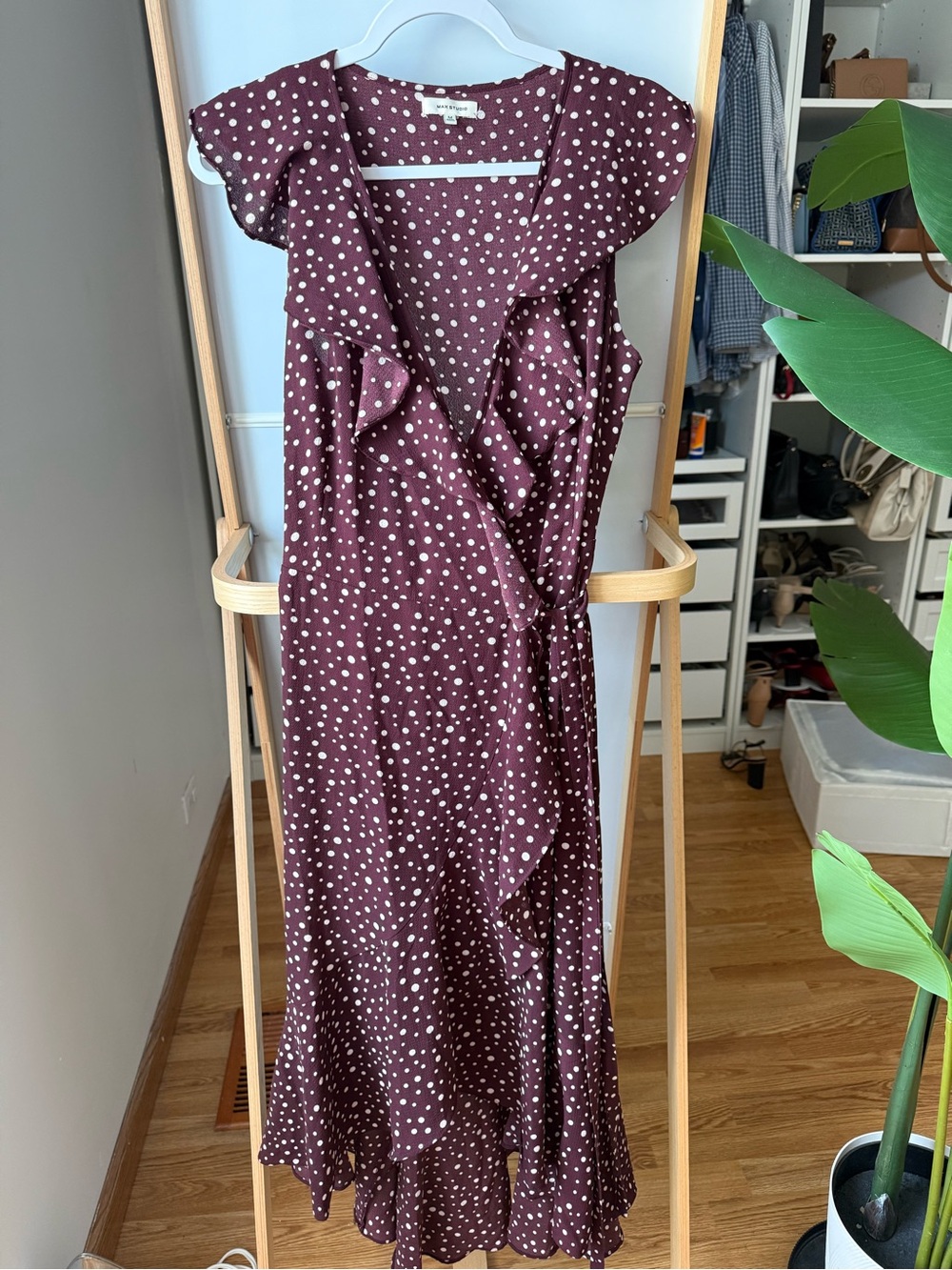 Max Studio Burgundy Polka Dot Ruffle Wrap Maxi Dress